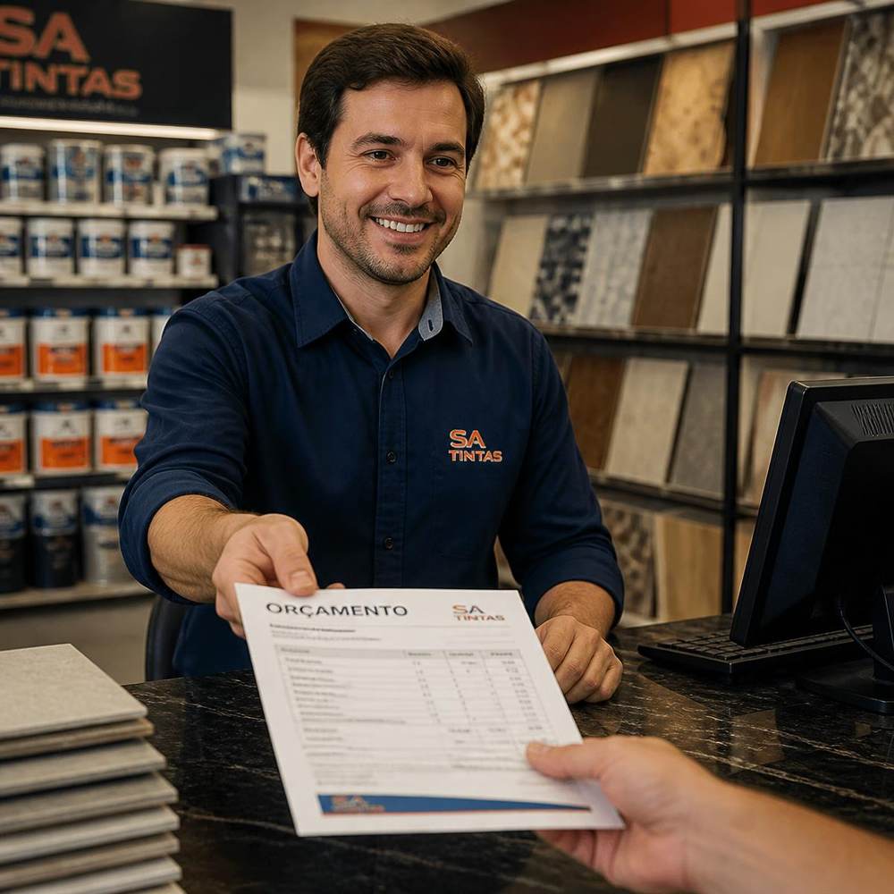 Vendedor entregando um orçamento no balcão de uma loja de materiais